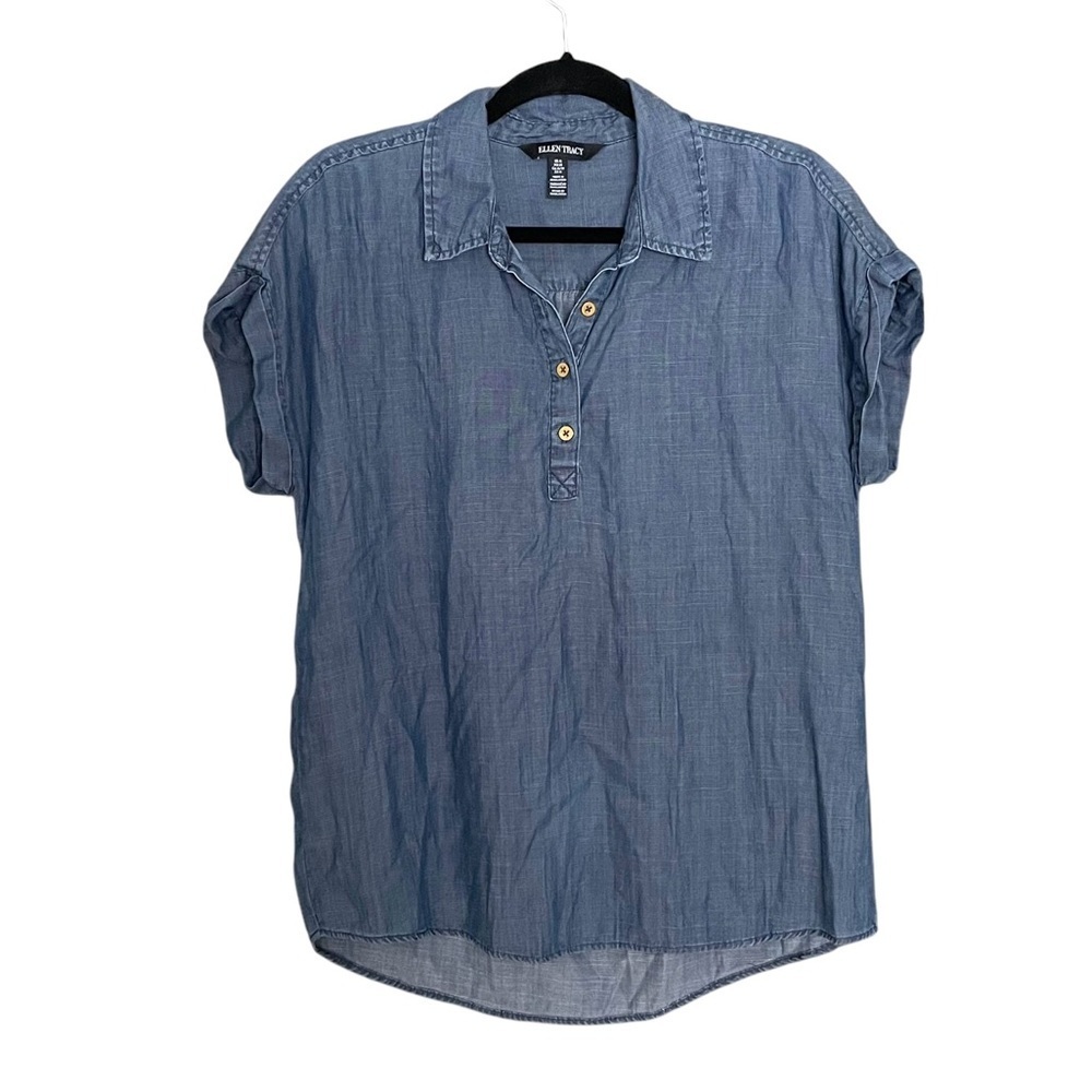ELLEN TRACY Blue Chambray Oversized Short Sleeve Popover Blouse M